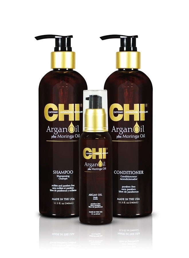 CHI مجموعة ثلاثية فاخرة من زيت الأركان وزيت المورينجا مع شامبو وبلسم وزيت المورينجا (مجموعة من 3 قطع)، 11 أونصة سائلة. - Image 1