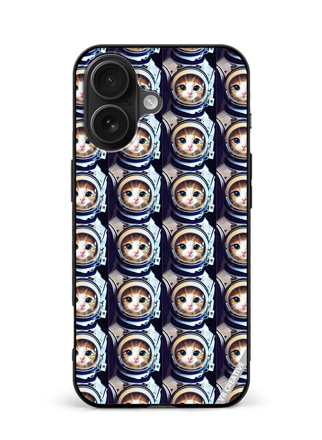Protective Case Cover For Apple iPhone 16 Plus Cat Face Inside Astronauts Helmet Pattern Design Multicolour