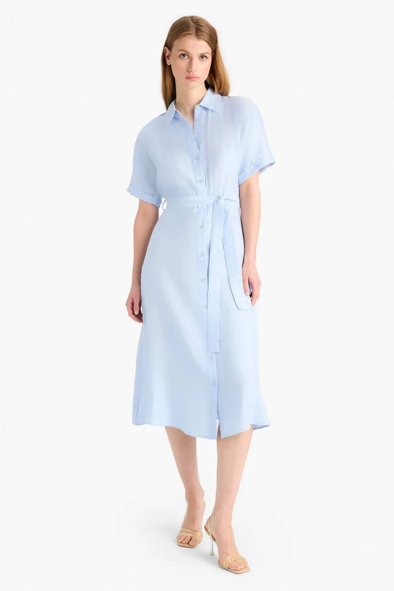 ديفاكتو Shirt Collar Belted Short Sleeve Midi Dress