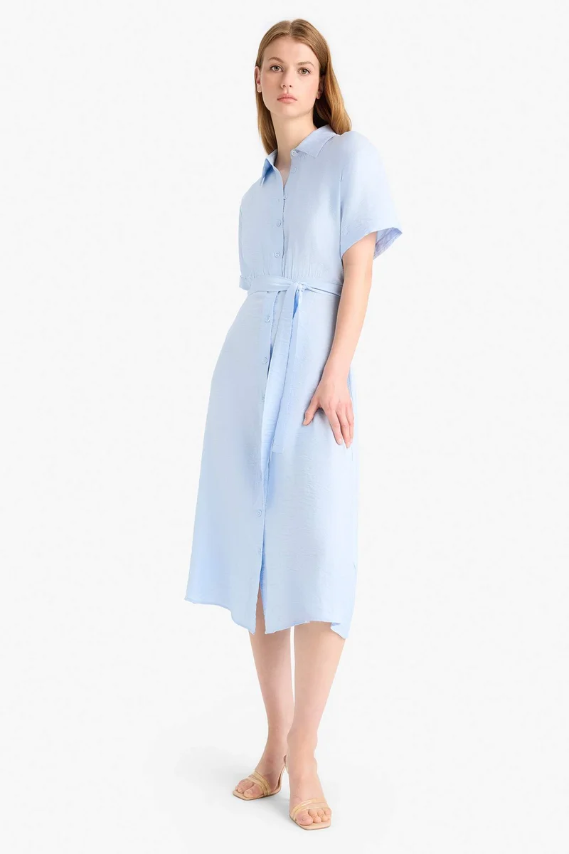 ديفاكتو Shirt Collar Belted Short Sleeve Midi Dress