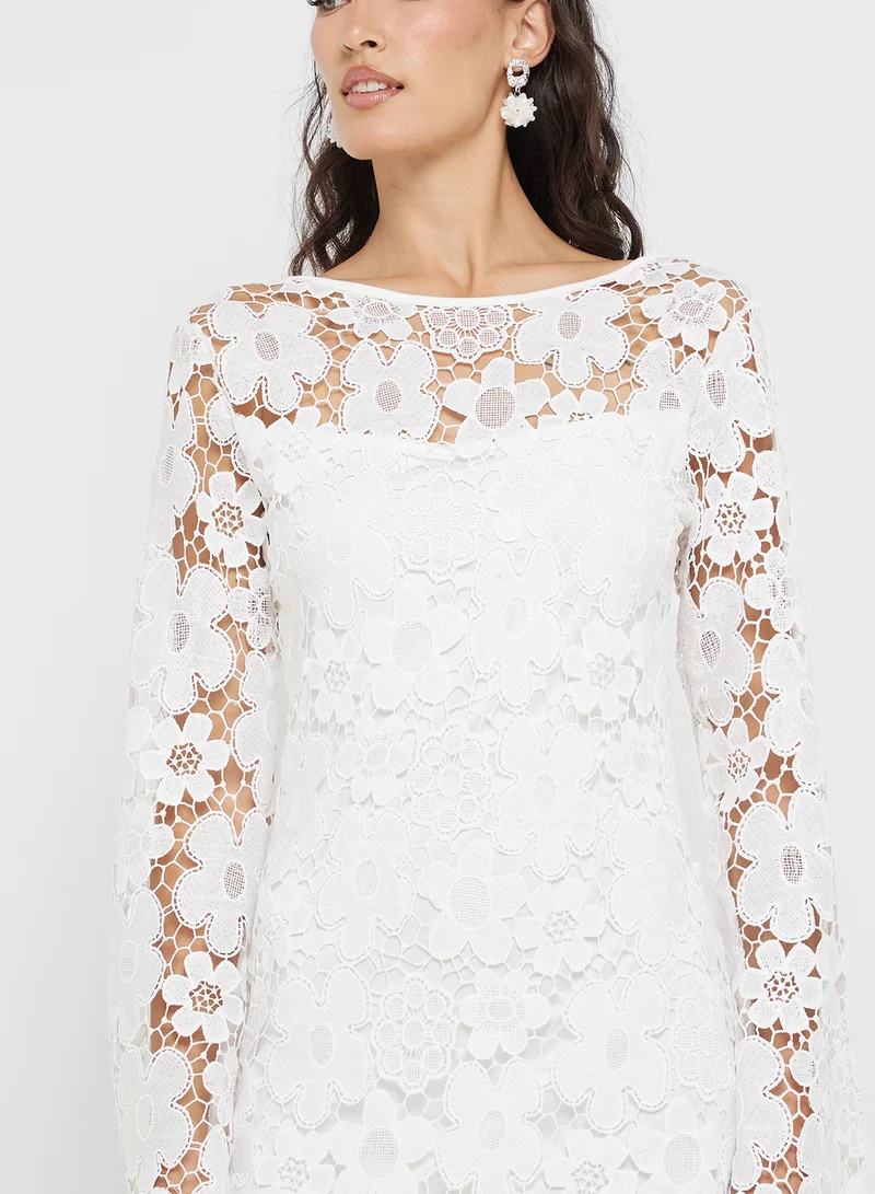 Ginger Floral Lace Knitted Dress With Flute Sleeves