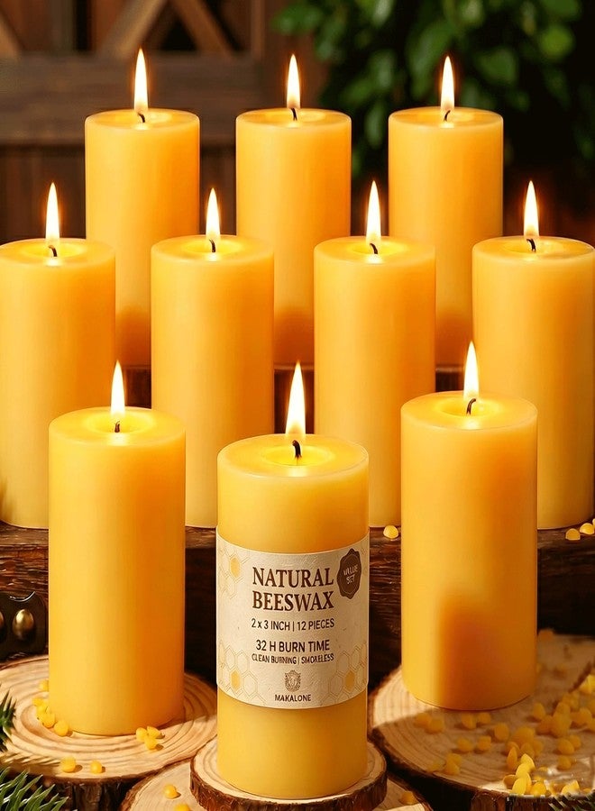 MAKALONE 12 Pack Pure Beeswax Pillar Candles, 2x3 in Naturally Honey Scented, 384h Total Burn (32h Each) for Prayer, Meditation & Emergency, Shabbat,Smokeless & Clean Burning Organic Pillars, Bulk - Image 1