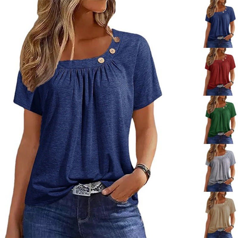 2023 Cross-border New European and American Independent Station eBay Solid Color Button Element Short Sleeve Crewneck T-shirt 5327# - Image 2
