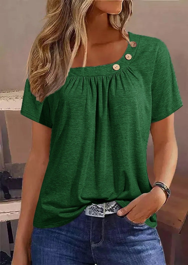 2023 Cross-border New European and American Independent Station eBay Solid Color Button Element Short Sleeve Crewneck T-shirt 5327# - Image 1