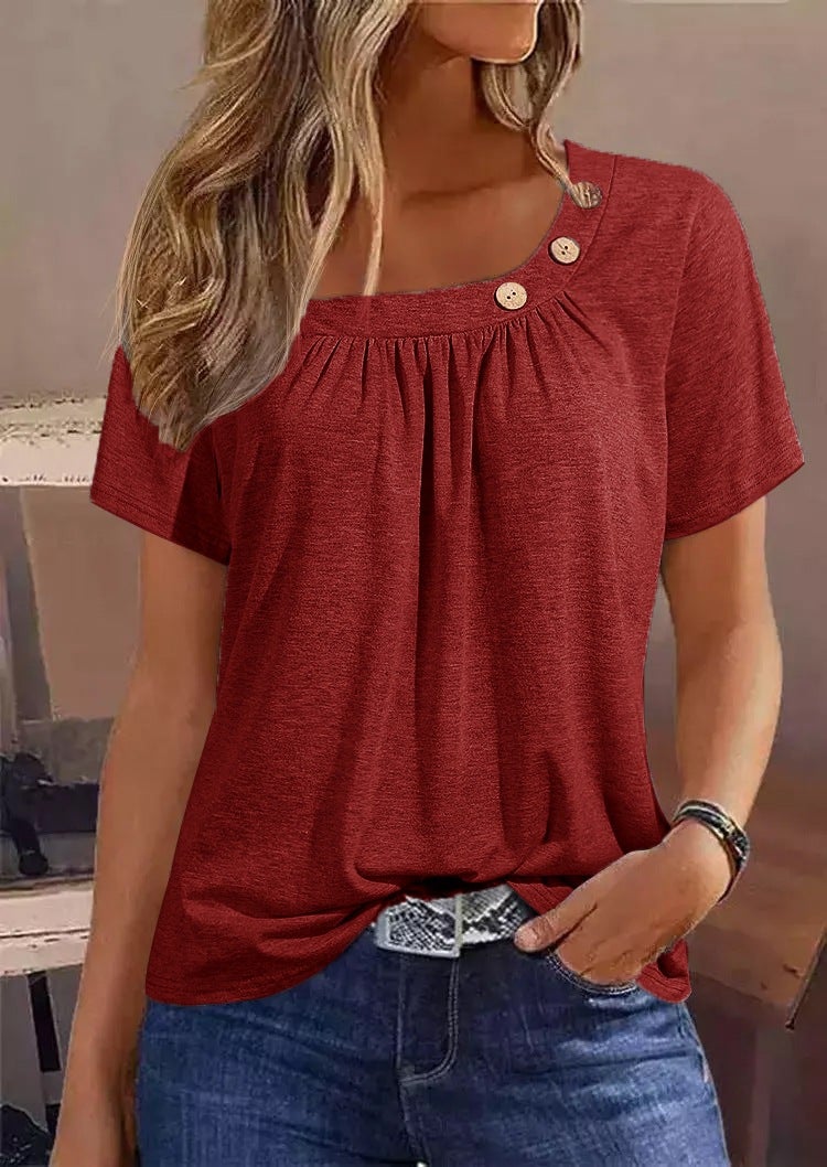 2023 Cross-border New European and American Independent Station eBay Solid Color Button Element Short Sleeve Crewneck T-shirt 5327# - Image 4