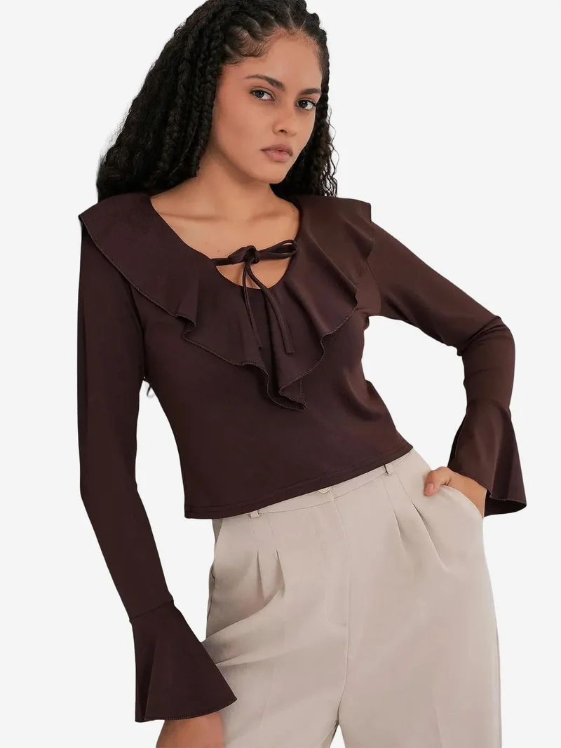 Big Dart Mocha Brown BDART Frilly V-Neck Crop Blouse for Women | Best Price UAE