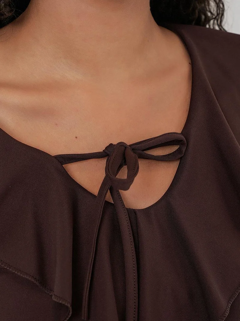 Big Dart Mocha Brown BDART Frilly V-Neck Crop Blouse for Women | Best Price UAE