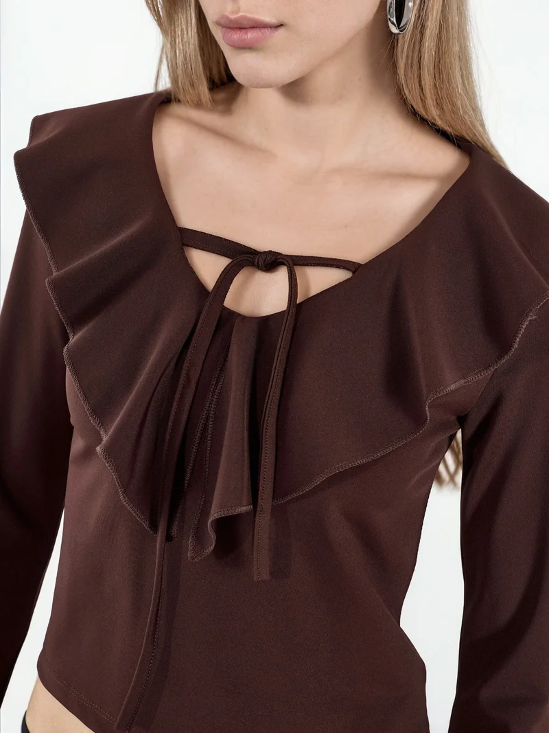 Big Dart Mocha Brown BDART Frilly V-Neck Crop Blouse for Women | Best Price UAE