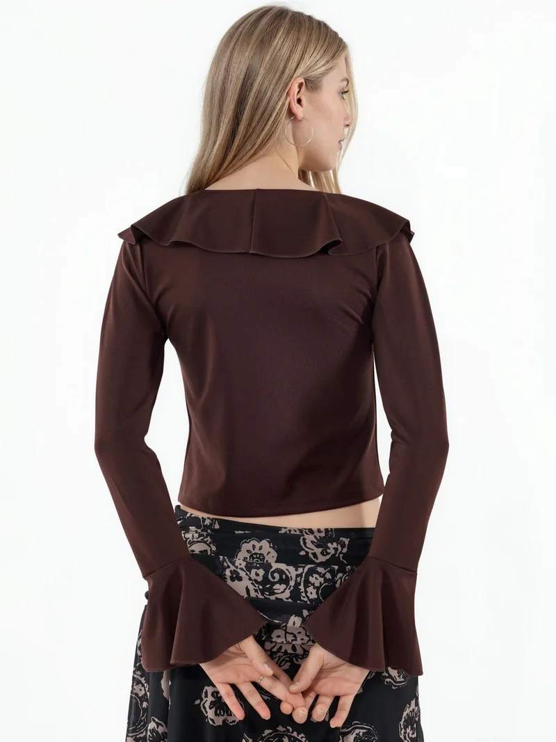 Big Dart Mocha Brown BDART Frilly V-Neck Crop Blouse for Women | Best Price UAE