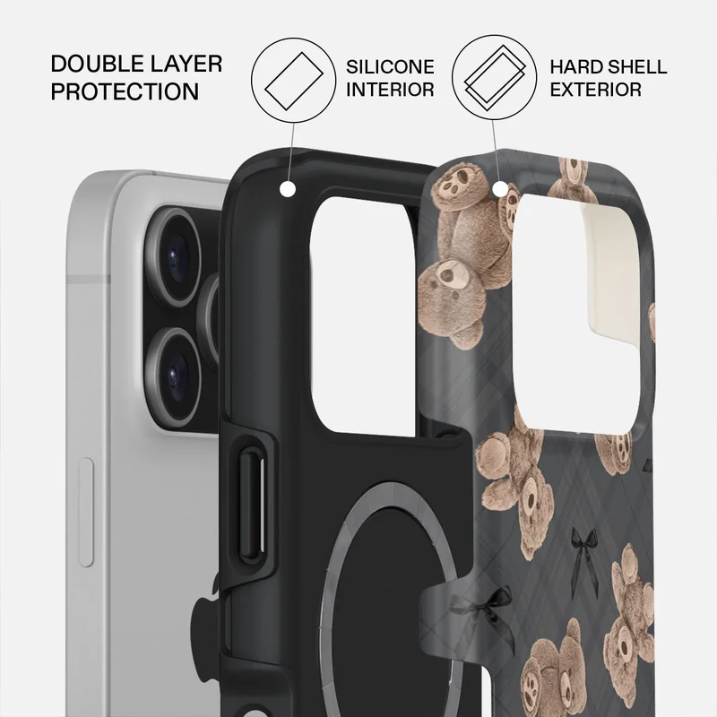 بورجا جراب فاخر بتصميم دب BFF لهاتف iPhone 17 Pro متوافق مع هيكل صلب مزدوج الطبقات هجين + حماية من السيليكون - غطاء مقاوم للخدش والصدمات