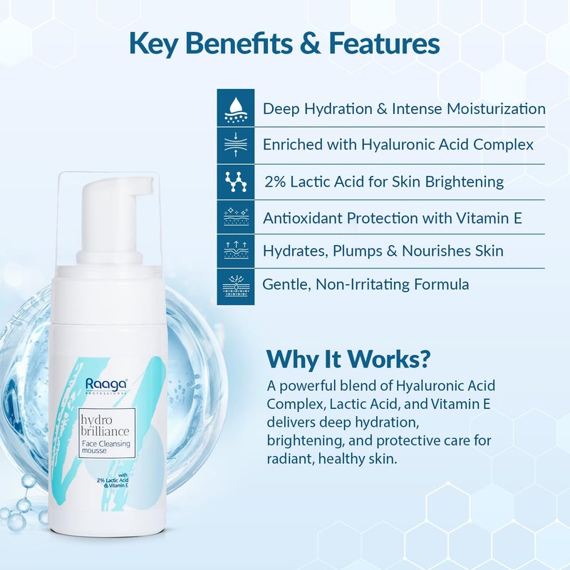 Raaga Professional Hydro Brilliance Face Cleansing Mousse with 2 Lactic Acid and Vitamin E Paraben Free Sulphate Free Dermatologically Tested 100 ml - Image 2