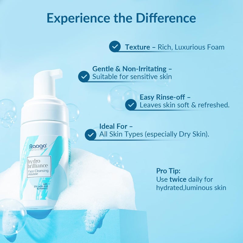 Raaga Professional Hydro Brilliance Face Cleansing Mousse with 2 Lactic Acid and Vitamin E Paraben Free Sulphate Free Dermatologically Tested 100 ml - Image 3