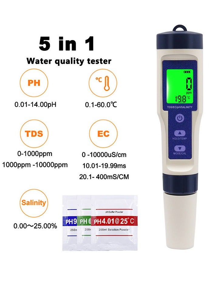 Professional 5-in-1 Combo Testing Meter for pH, EC, TDS, Salinity, and Thermometer - Digital Water Quality Tester - Image 1