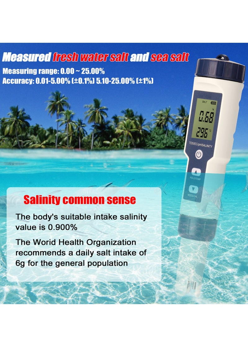 Professional 5-in-1 Combo Testing Meter for pH, EC, TDS, Salinity, and Thermometer - Digital Water Quality Tester - Image 5