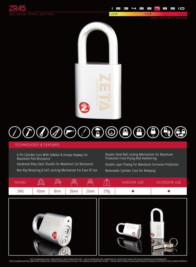 ZETA ZR45 High Security 6-Pin Dimple Slider with Sidebar Cut Pick Resistant Locksport 45mm Width Padlock - Image 4