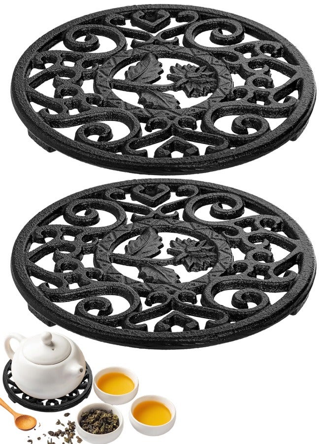 2 Pack Cast Iron Trivet with Pegs, 4.6 Inch Round Metal Trivet with Vintage Patterns Rustproof Hot Pot Holder Pads for Serving Hot Dishes, Pans, Pots, Tea Pots - Image 1