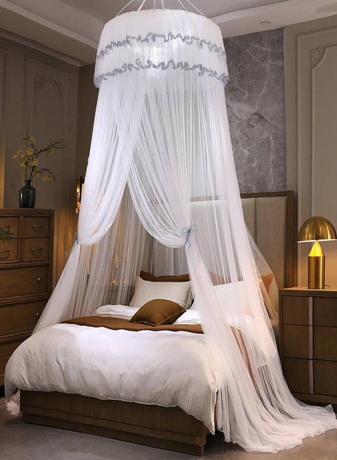 Kertnic Mosquito Net Bed Canopy for Girls, Princess Canopy Bed Curtain Fine Sheer Mesh Dome Bed Canopies, Kids & Adults Lace Tent for Twin Full Queen King Bed (White) - Image 1