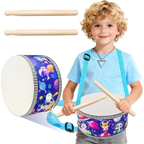 Blvochnnt Kid Drum Set8 Inch Wooden Drum ToysSensory Educational Musical Instrument Toy with Adjustable Strap2 Drumsticks for ToddlerBaby Girls Boys Astronauts Animals Dinosaurs - Image 1