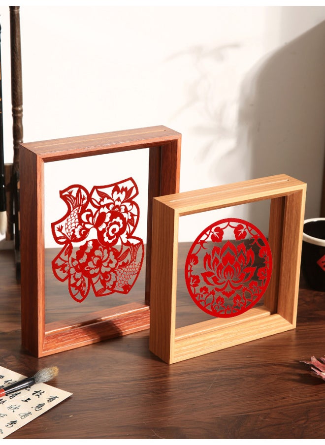 Chinese-style Double-sided Transparent Photo Frame Table Year Paper-cut Fu Character Calligraphy Frame Mounted Ornaments Specimen Display Stand A4 Frame-Color:A4 [can Hold 21*29.7cm] - Wood Color