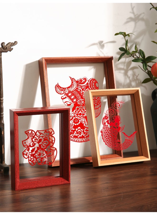 Chinese-style Double-sided Transparent Photo Frame Table Year Paper-cut Fu Character Calligraphy Frame Mounted Ornaments Specimen Display Stand A4 Frame-Color:A4 [can Hold 21*29.7cm] - Wood Color