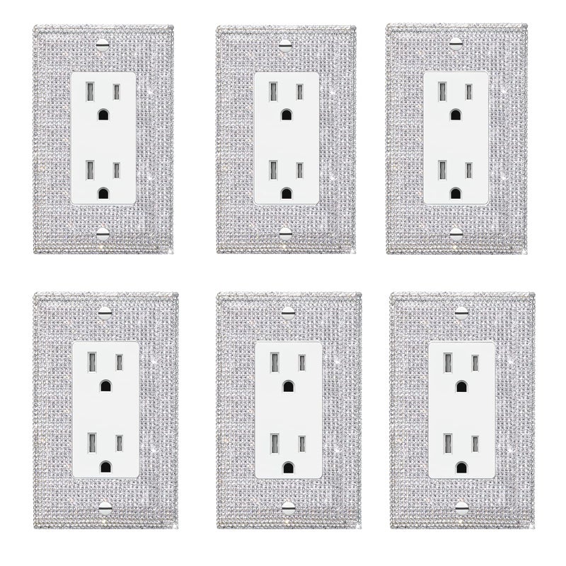 Gaocai 6 Pcs Silver Shiny Silver Rhinestones Outlet Covers Wall Plates Light Switch Cover Decorative Outlet Cover Switch Plates And Outlet Covers