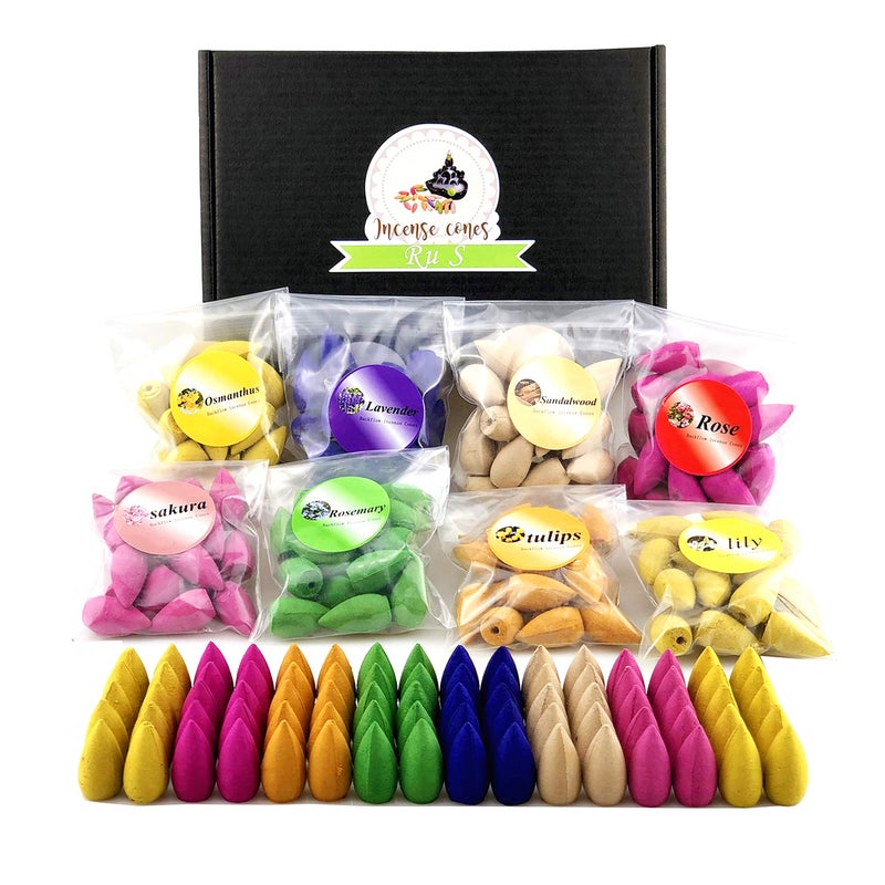 Ru S 152 Pcs Backflow Incense Cones 8 Mixed Natural Scents Sandalwood Rose Lily Tulips Rosemary Lavender Sakura Osmanthus(Incense Cones) - Image 1