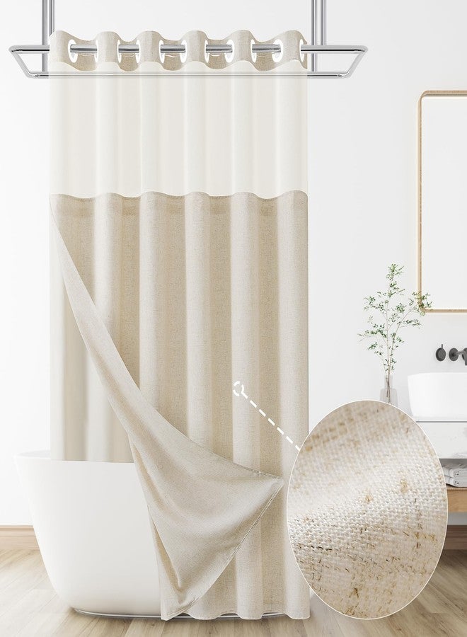 Jowels No Hooks Linen Textured Shower Curtain with Snap-in Fabric Liner Set,Beige Hotel Luxury Decor Shower Curtains for Bathroom with See Through Top Window,Water Resistant Fabric,72Wx75L,Cream - Image 1