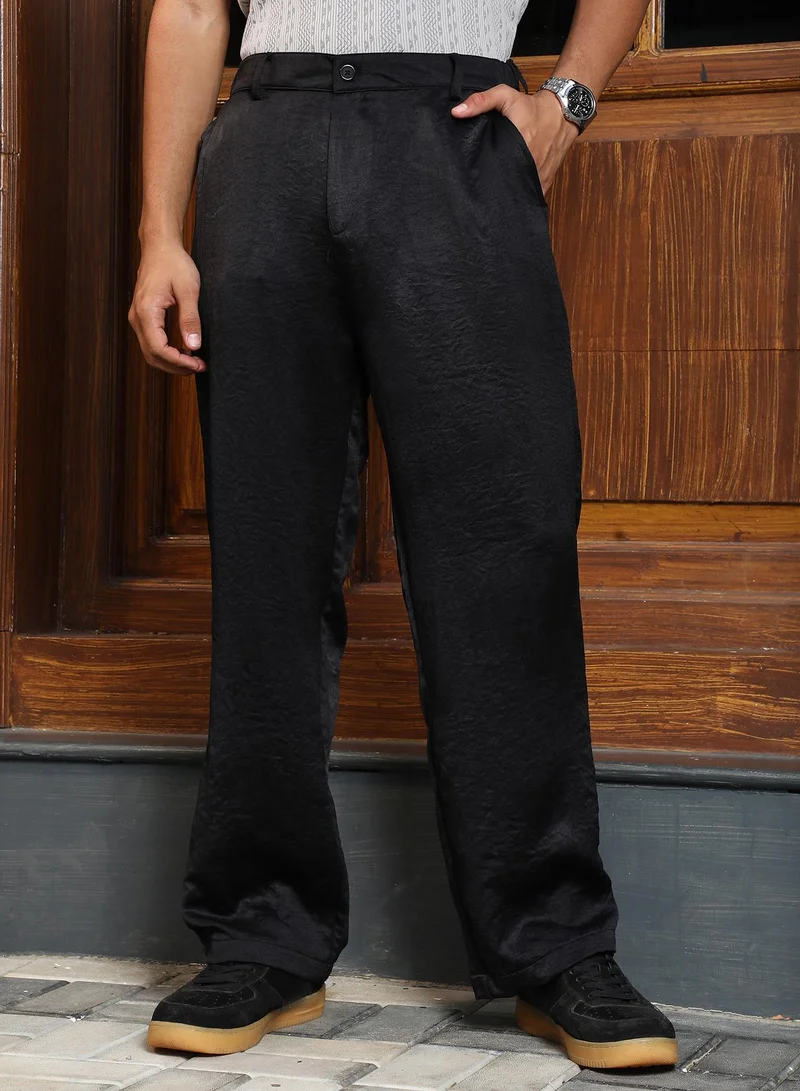 Campus Sutra Campus Sutra Men's Onyx Black Creased Relaxed-Tailored Trousers | Mid-Rise , Straight Hem , Button Closure , Relaxed-Fit | Solid Creased | Polyester Blend Trouser For Casual Wear