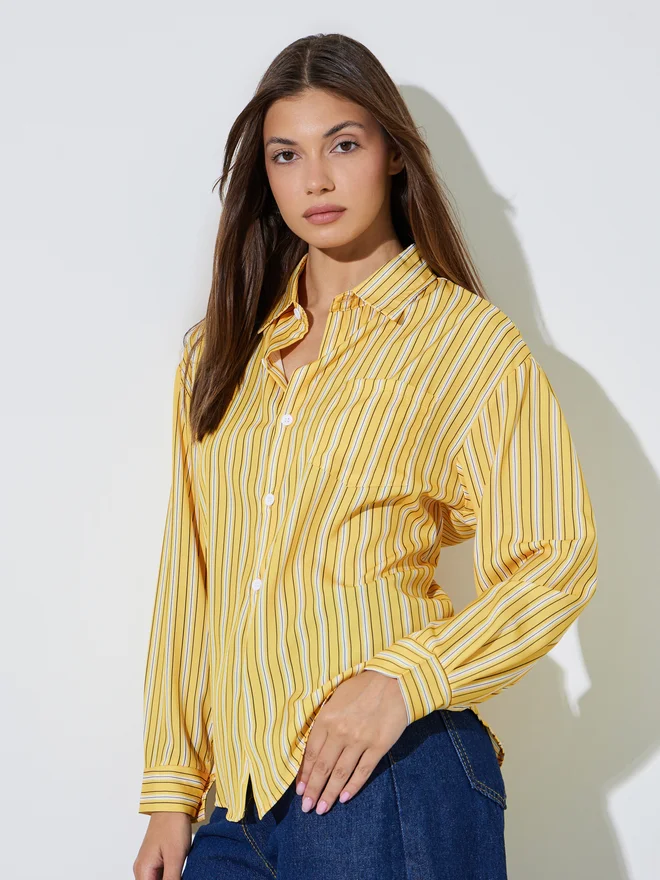 Styli Styli Yellow Striped Long Sleeve Button-Up Shirt