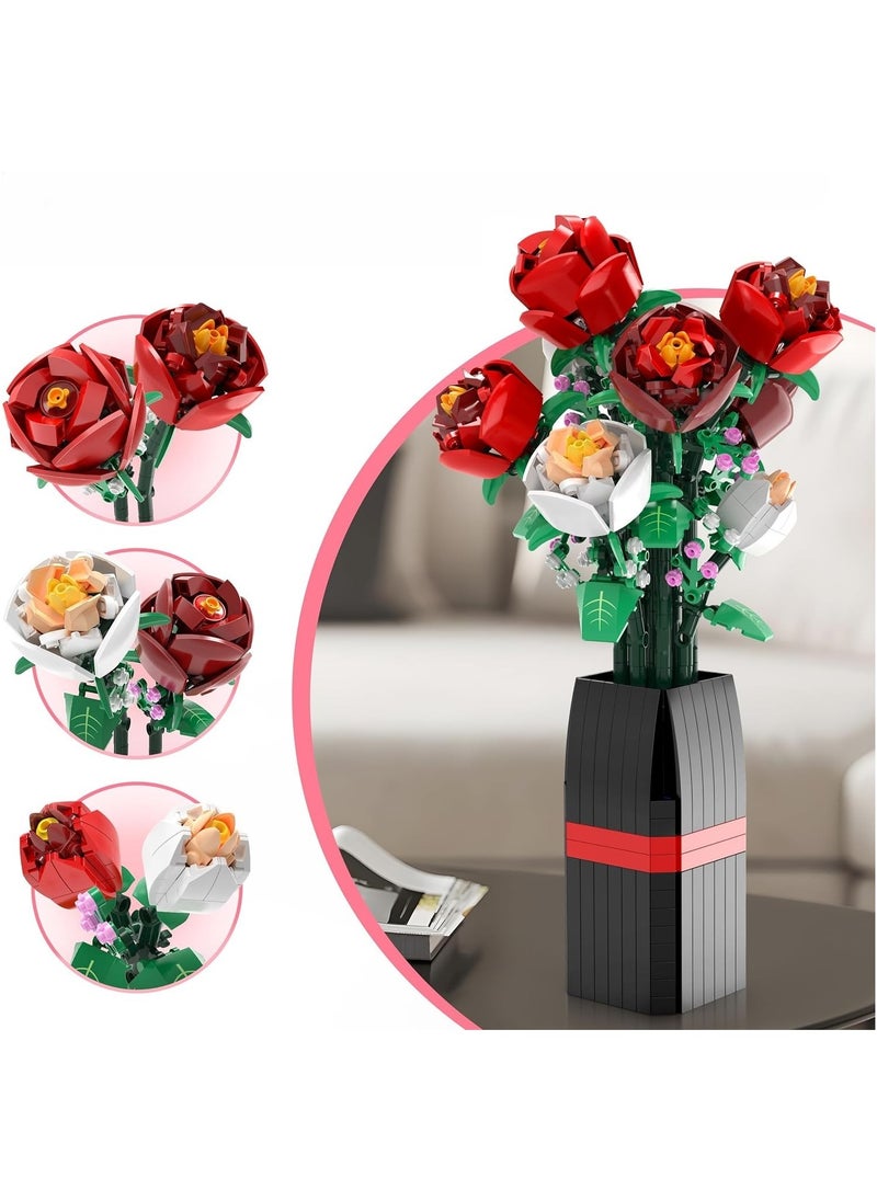 Femca Flowers Bouquet Building Set (818 PCS)-Roses Toy Building Set with Vase, Roses Flower Bouquet Building Kit, Red Roses Artificial Flowers with Vase, Botanical Collection Forever Rose Toy for Adults, Kids,Unique DIY Gifts for Women, Her, Him Anniversaries  - Image 3
