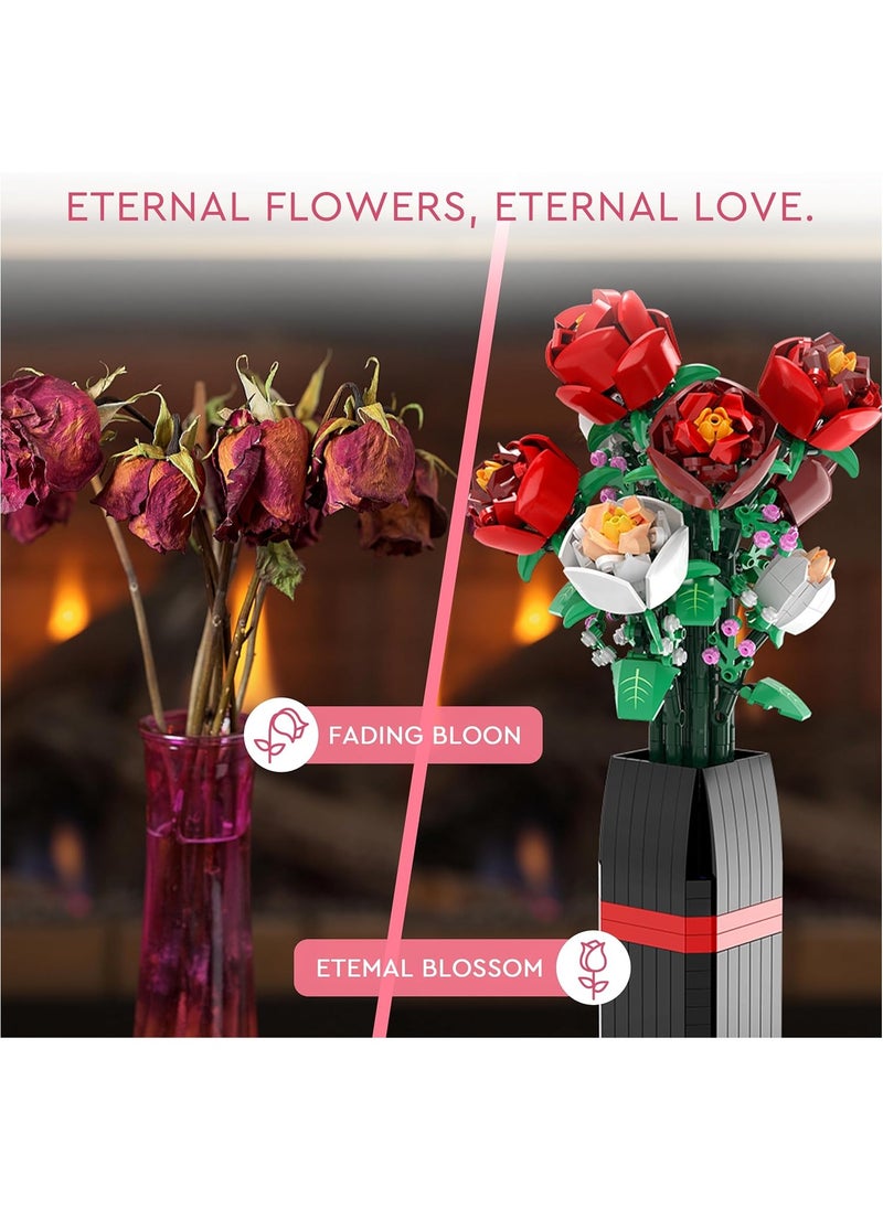 Femca Flowers Bouquet Building Set (818 PCS)-Roses Toy Building Set with Vase, Roses Flower Bouquet Building Kit, Red Roses Artificial Flowers with Vase, Botanical Collection Forever Rose Toy for Adults, Kids,Unique DIY Gifts for Women, Her, Him Anniversaries  - Image 2