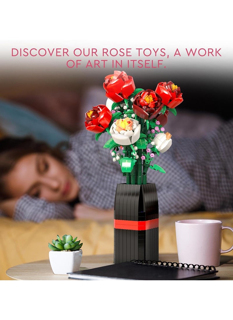 Femca Flowers Bouquet Building Set (818 PCS)-Roses Toy Building Set with Vase, Roses Flower Bouquet Building Kit, Red Roses Artificial Flowers with Vase, Botanical Collection Forever Rose Toy for Adults, Kids,Unique DIY Gifts for Women, Her, Him Anniversaries  - Image 4