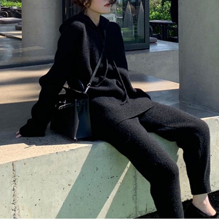 Angry tui fried chicken easy to wear loose hooded sweater womens cropped radish pants knitted two-piece suit 2023 autumn and winter Black