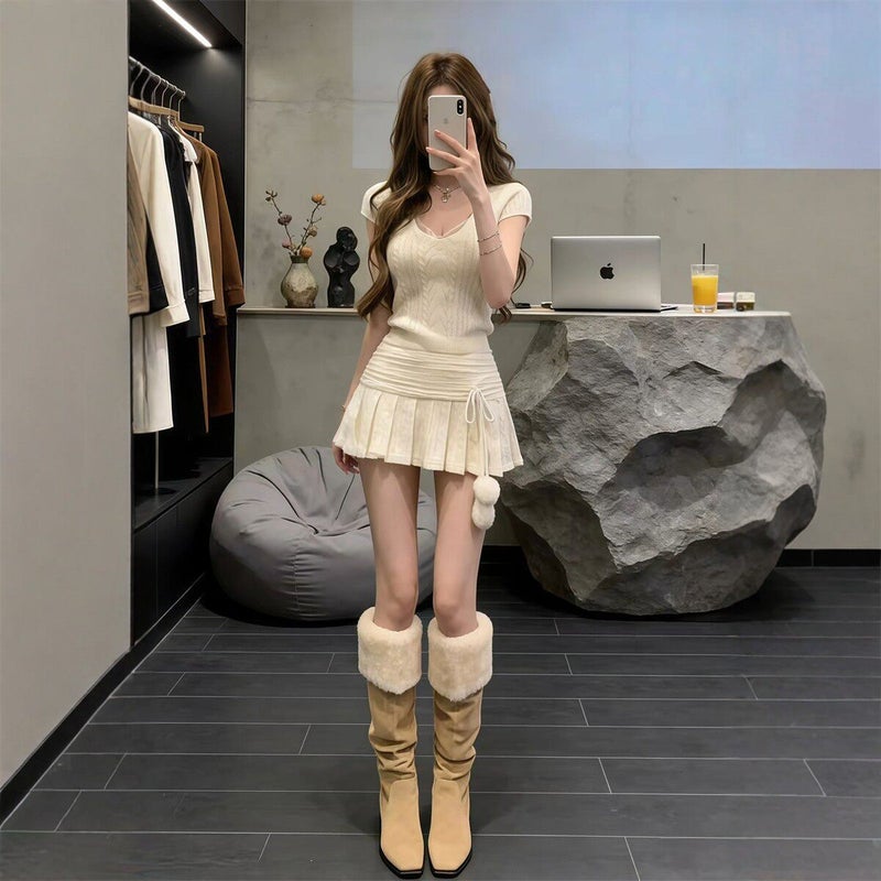 Women's Korean Style V-Neck Knit Short Sleeve Top and Skirt Two-Piece Set - Image 4