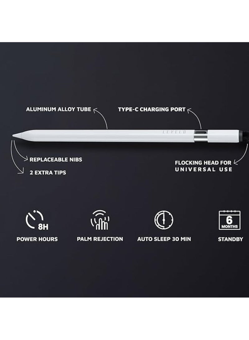 ليفيلو Skystick Universal ومتوافق مع قلم iPad Stylus، سنون قابلة للاستبدال، رأس متدفق للاستخدام العالمي، رفض راحة اليد، أنبوب من سبائك الألومنيوم، نصيحتان إضافيتان، وضع الاستعداد لمدة 6 أشهر، نوم تلقائي - أبيض - Image 2