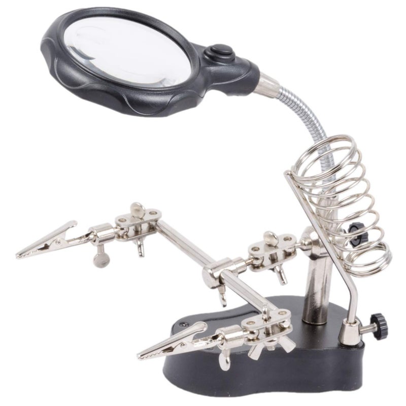 Helping Hand Magnifying Glass Soldering Stand with 2.5X/7.5X/10X Lens, 5 LED Lights, Adjustable Clamps, AC/DC Power for Electronics Repair and PCB Work tool (black, TE-801)
