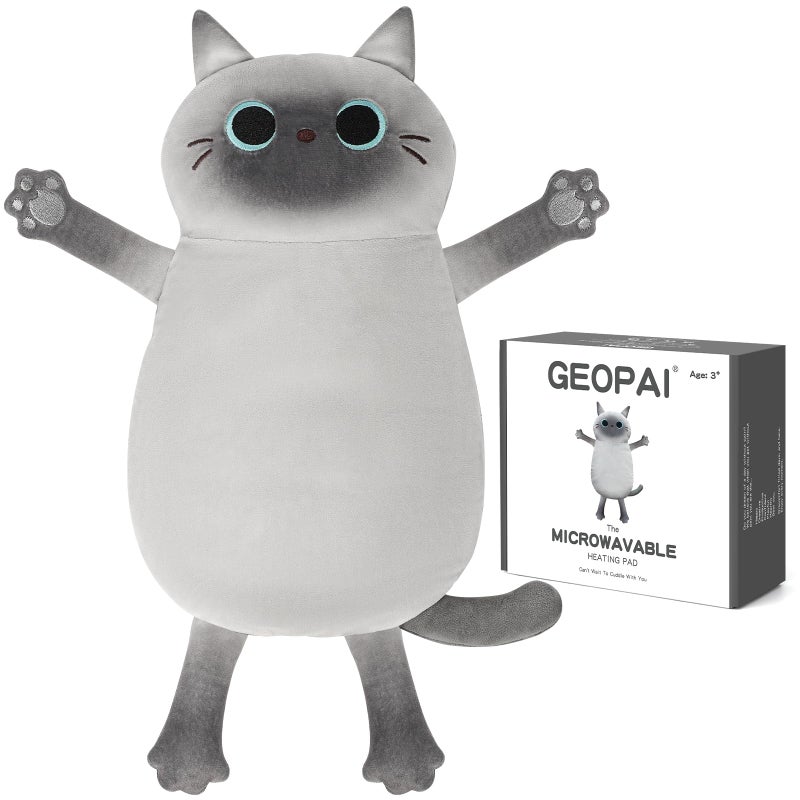 GEOPAI وسادة تسخين ميكروويف لتخفيف الألم، 17" × 15" حيوان محشو قابل للتسخين في الميكروويف للرقبة والكتف، التقلصات، آلام الظهر، العضلات، المفاصل، حزمة حرارة طبيعية رطبة، فترة الحيض، قطة رمادية صغيرة - Image 1