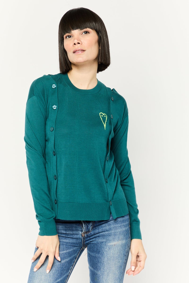 DIESEL Women Round Neck Long Sleeves Embroidered Blouse, Teal Green  - Image 1