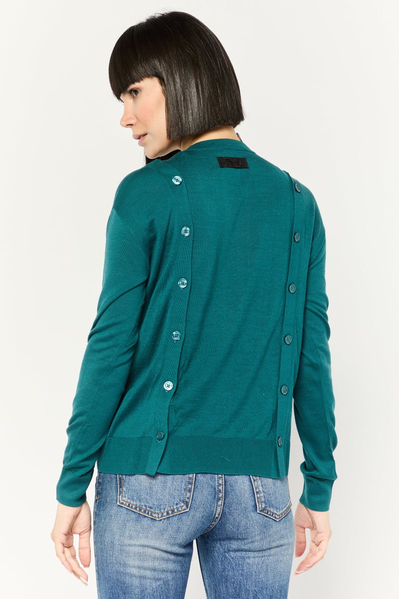 DIESEL Women Round Neck Long Sleeves Embroidered Blouse, Teal Green  - Image 4