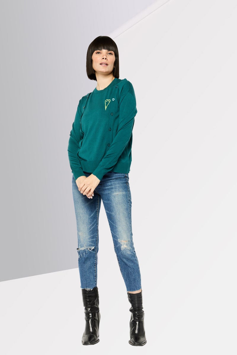 DIESEL Women Round Neck Long Sleeves Embroidered Blouse, Teal Green  - Image 2