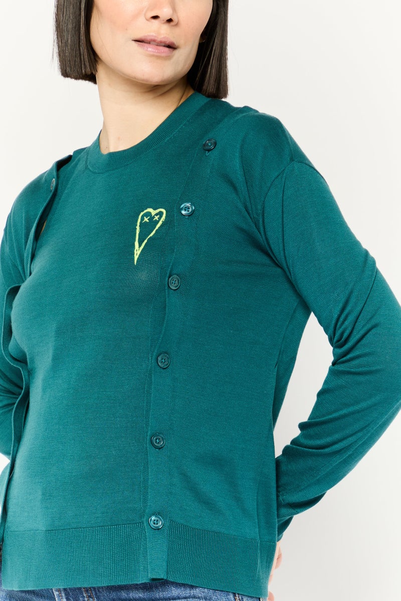 DIESEL Women Round Neck Long Sleeves Embroidered Blouse, Teal Green  - Image 3