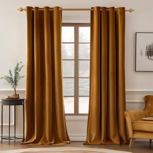 MIULEE Velvet Curtains Golden Brown Elegant Grommet Curtains Thermal Insulated Soundproof Room Darkening Blackout Drapes for Nursery Living Room Bedroom Decor 52 x 84 Inch Long Set of 2 - Image 1