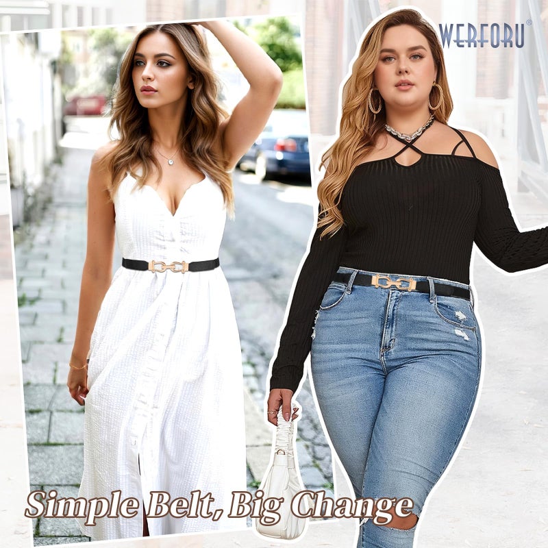 WERFORU 3 Pack Women Ladies Skinny Elastic Waist Belt Gold Buckle Stretchy Thin Belt for Dress Jeans,Black+Brown+Beige - Image 2