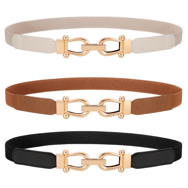 WERFORU 3 Pack Women Ladies Skinny Elastic Waist Belt Gold Buckle Stretchy Thin Belt for Dress Jeans,Black+Brown+Beige - Image 1