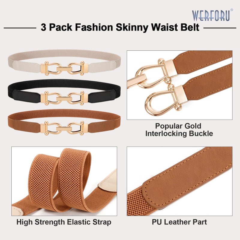 WERFORU 3 Pack Women Ladies Skinny Elastic Waist Belt Gold Buckle Stretchy Thin Belt for Dress Jeans,Black+Brown+Beige - Image 3