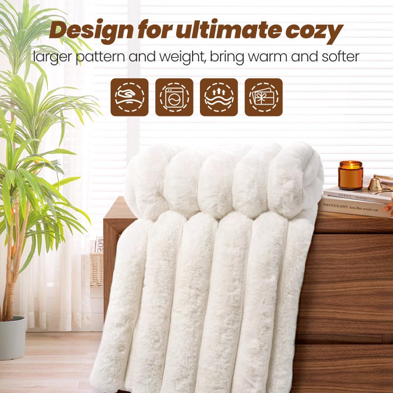 VFROO Faux Fur Throw Blanket for Couch Cozy Soft Plush Thick Striped Luxury Blanket for Sofa Living Room Bedroom 50 * 60 Inches  White - Image 5