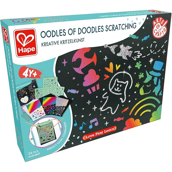 هيب Oodles of Doodles Scratching - مجموعة فن الخدش للأطفال - ورق فني خدش قوس قزح مع قلم خشبي للأطفال من سن 4+ سنوات