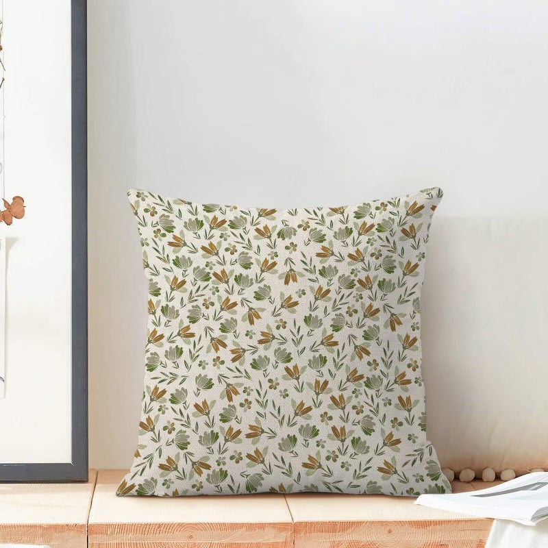 AEIOAE Spring Daisy Floral Pillow Covers 20 x 20 Inch Set of 2  Sage Green Brown Vintage Flowers Decorative Outdoor Throw Pillows Farmhouse Linen Block Print Floral Pillow Case for Sofa Couch Decor - Image 3