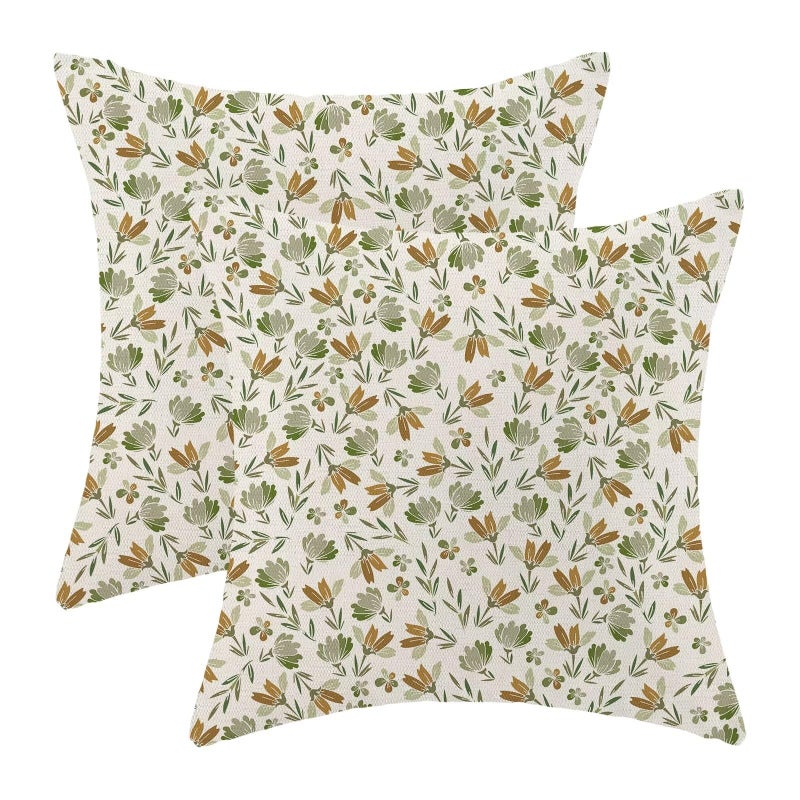 AEIOAE Spring Daisy Floral Pillow Covers 20 x 20 Inch Set of 2  Sage Green Brown Vintage Flowers Decorative Outdoor Throw Pillows Farmhouse Linen Block Print Floral Pillow Case for Sofa Couch Decor - Image 1