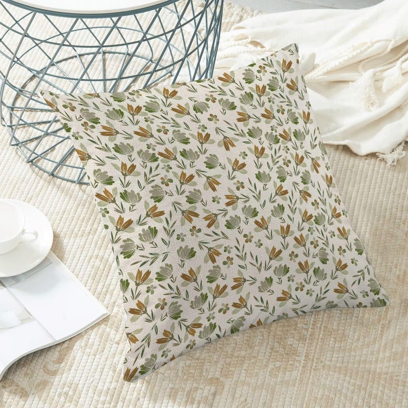 AEIOAE Spring Daisy Floral Pillow Covers 20 x 20 Inch Set of 2  Sage Green Brown Vintage Flowers Decorative Outdoor Throw Pillows Farmhouse Linen Block Print Floral Pillow Case for Sofa Couch Decor - Image 5